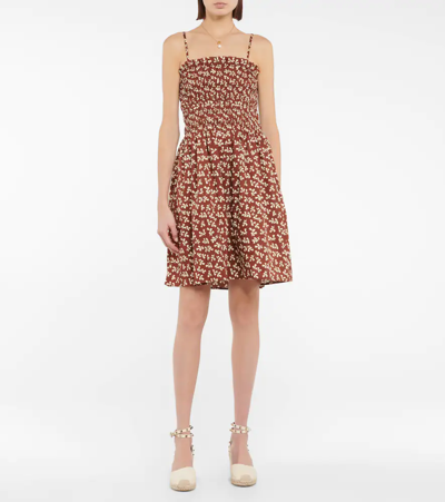 Shop Tory Burch Printed Smocked Cotton Minidress In Rust Little Leaves