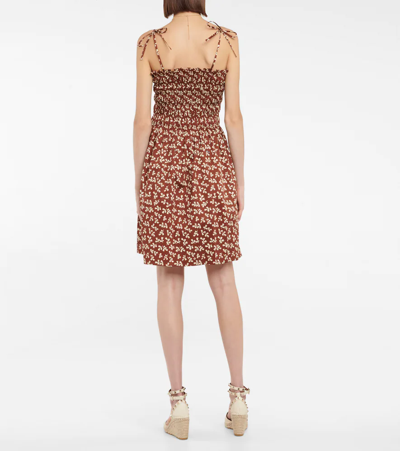 Shop Tory Burch Printed Smocked Cotton Minidress In Rust Little Leaves