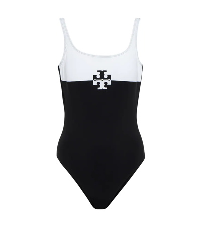 Shop Tory Burch Logo-printed Colorblocked Swimsuit In Black White