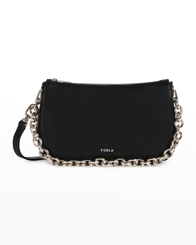 Shop Furla Moon Leather Chain Shoulder Bag In Nero