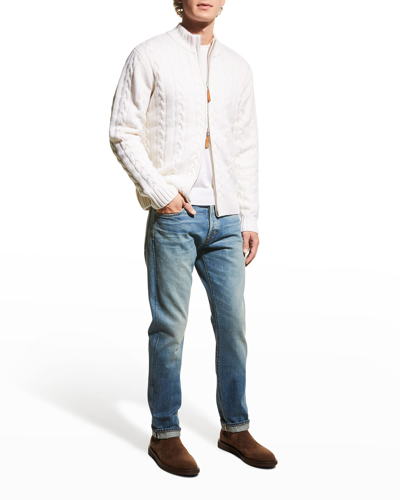 Shop Neiman Marcus Men's Merino Wool-cashmere Full-zip Cable Sweater In Ivory