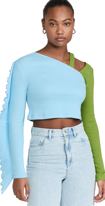 Shop Abacaxi Colorblock Ruffle Sleeve Shirt In Sky With Moss
