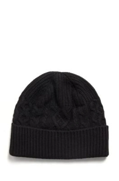Shop Hugo Boss Cable Knit Beanie Hat With Logo Plate In Black