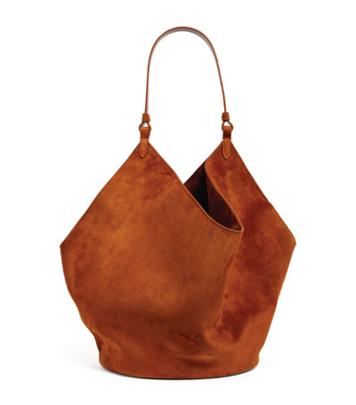 Shop Khaite Suede Lotus Shoulder Bag In Brown