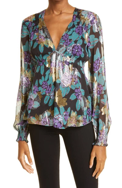 Shop Nicole Miller Metallic Floral Silk Blend Babydoll Blouse In Purple/ Multicolor