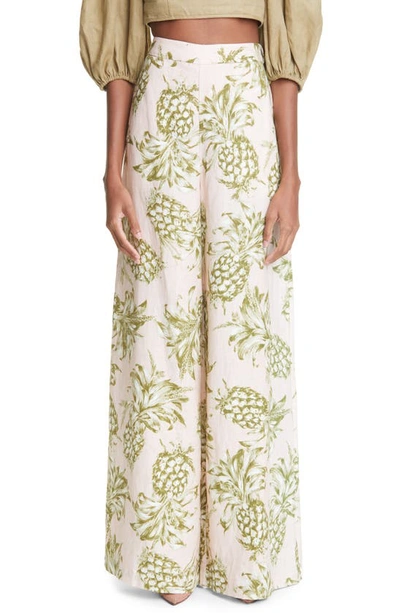 Shop Zimmermann Pineapple Print Linen Wide Leg Pants In Blush Khaki
