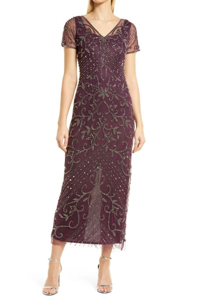 Shop Pisarro Nights Beaded Mesh Column Gown In Wine