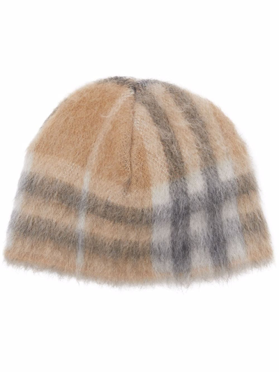 Shop Burberry Check Pattern Beanie In Nude