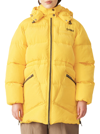 Shop Ganni Recycled Polyester Oversized Puffer Midi Jacket In Yellow & Orange