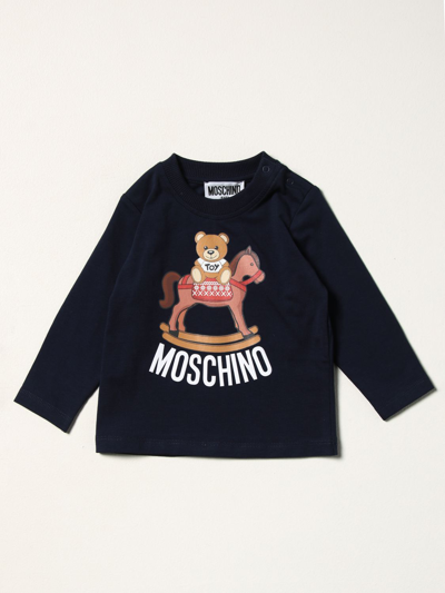 Shop Moschino Baby Cotton T-shirt With Teddy In Navy