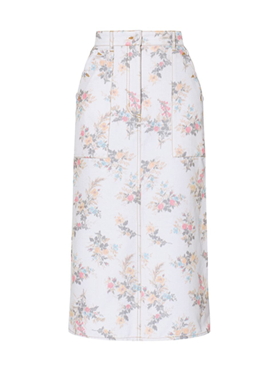 Shop Erdem Women's Artie Floral-print Cotton-blend Denim Midi Skirt In Ivory Olive