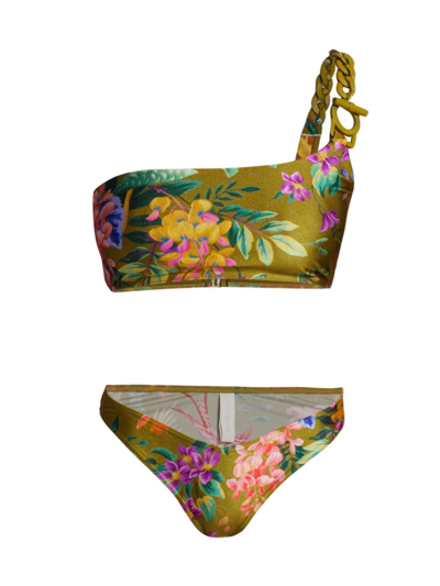 Shop Zimmermann Women's Tropicana Asymmetric Bikini Set In Khaki Floral