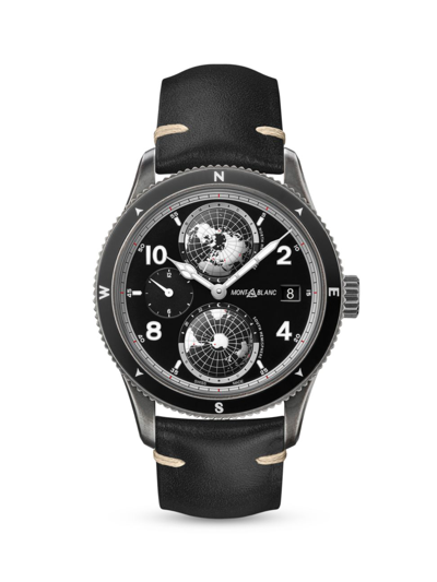 Shop Montblanc Women's 1858 Geosphere Stainless Steel & Leather Strap Watch In Black