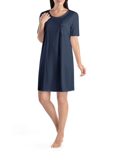 Shop Hanro Cotton Deluxe Short-sleeve Gown In Deep Navy