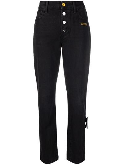 Shop Off-white Slogan-print Straight High-rise Jeans In Black
