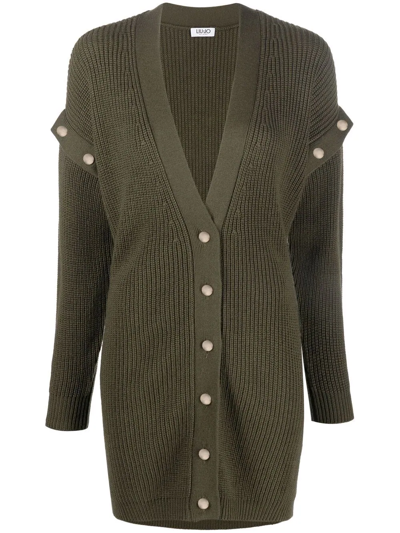 Shop Liu •jo Ribbed-knit Button-embellished Cardigan In Grün