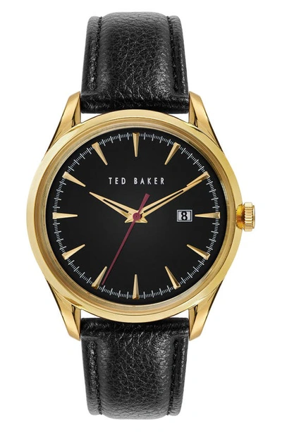 Shop Ted Baker Daquir Leather Strap Watch, 40mm In Black