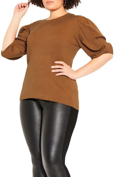 City Chic Sweet Rib Puff Sleeve Top In Tan