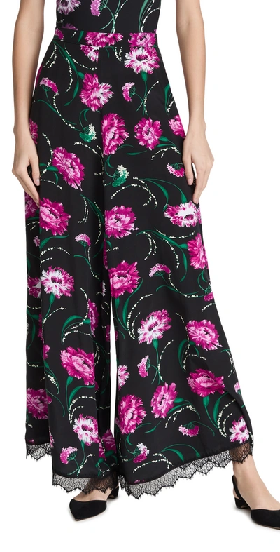 Shop Rodarte Silk Floral Print Pants With Lace Detailing In Black