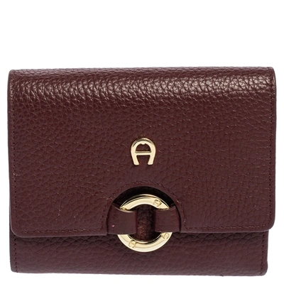 Pre-owned Aigner Maroon Grained Leather Trifold Compact Wallet In Burgundy