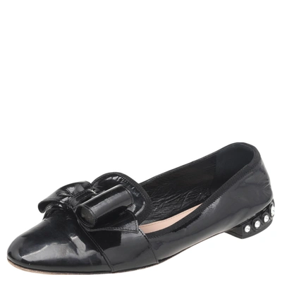 Pre-owned Miu Miu Black Patent Leather Bow Crystal Embellished Smoking Slippers Size 39