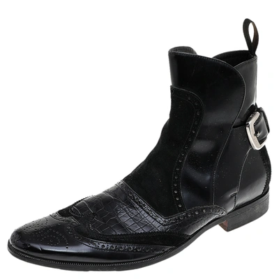 Pre-owned Dolce & Gabbana Black Alligator Embossed Leather Leather And Suede Ankle Boots Size 43
