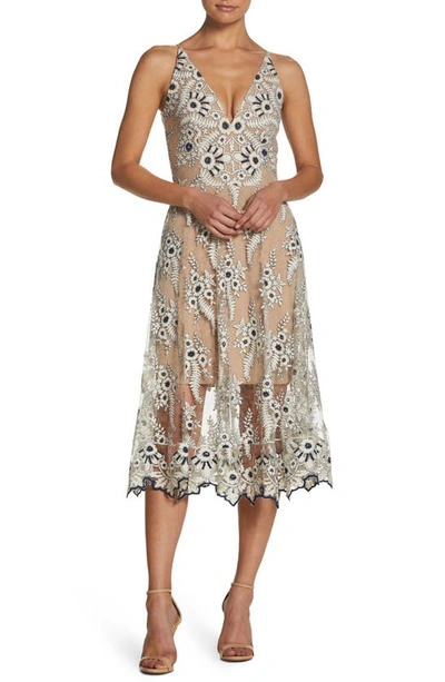 Shop Dress The Population Audrey Embroidered Midi Dress In Ivory/ Navy