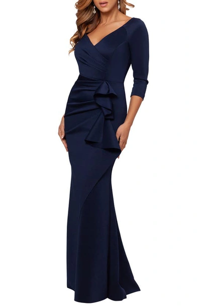 Shop Xscape Ruched Scuba Ruffle Gown In Midnight