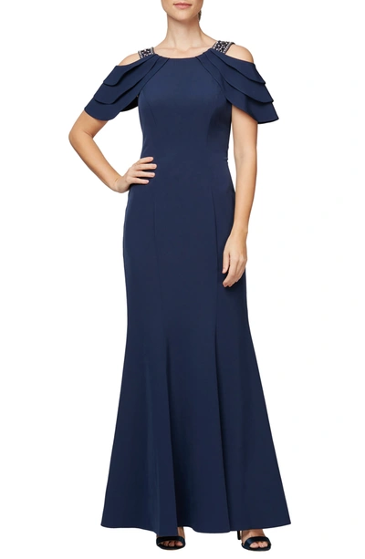 Shop Alex Evenings Beaded Cold Shoulder Trumpet Gown In Navy