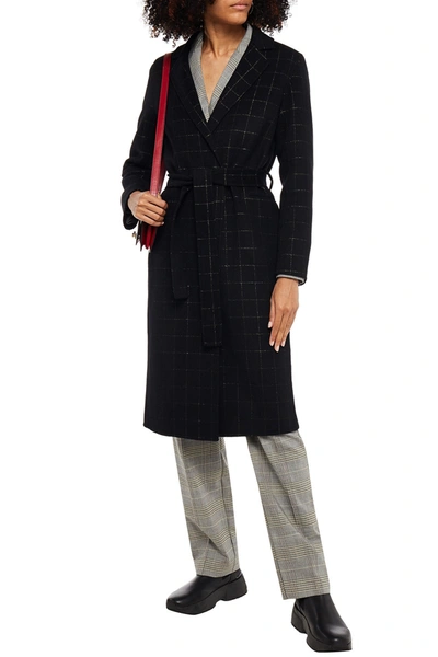 Shop Sandro Antho Belted Checked Wool-blend Felt Coat In Black