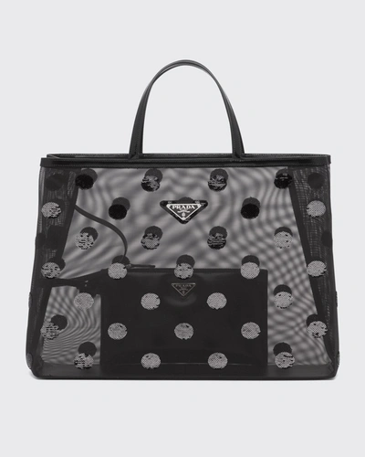 Shop Prada Mesh Polka Dot Sequin Tote Bag In F0002 Nero