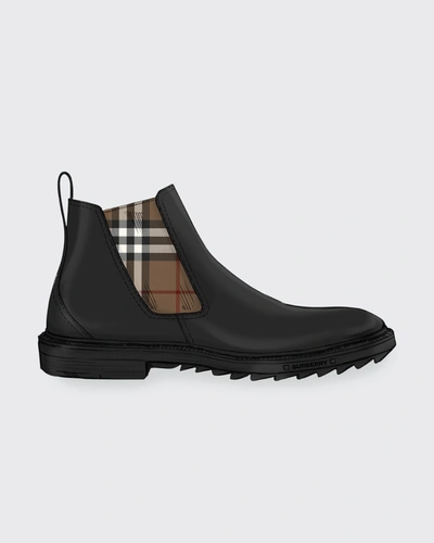 Shop Burberry Men's Check-print Leather Chelsea Boots In Black