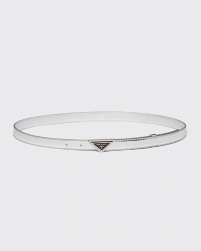Shop Prada Triangle Logo Leather Belt In F0118 Argento
