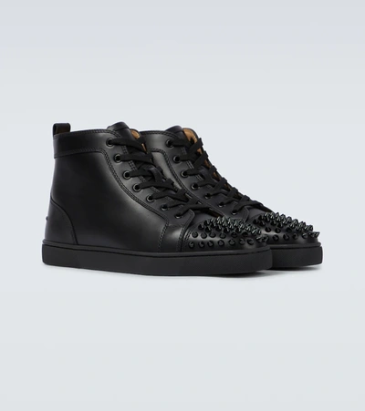 Christian Louboutin Lou Spikes Orlato Studded Leather And Mesh High-top Sneakers In Black/black/bk