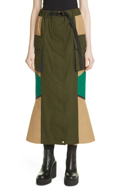 Shop Sacai Hybrid Grosgrain Skirt In Khaki X Beige