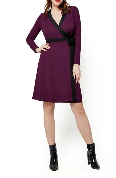 Shop Leota Kara Sequin Long Sleeve Faux Wrap Dress In Aubergine Moss Crepe