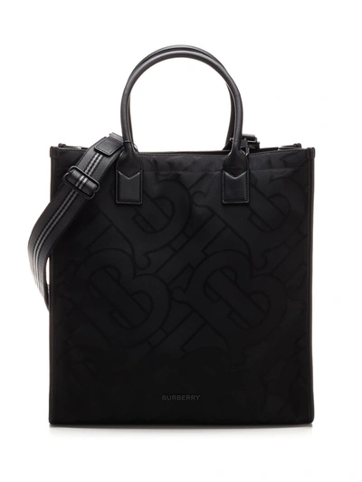 Shop Burberry Logo Detailed Tb Monogram Tote Bag In Black