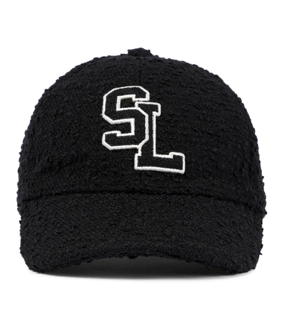 Shop Saint Laurent Logo Wool-blend Bouclé Cap In Black