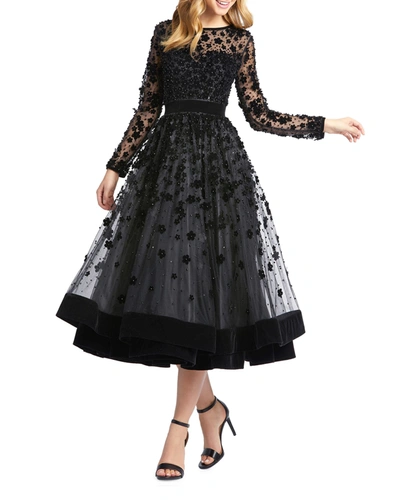 Shop Mac Duggal Long-sleeve Tea-length Floral Applique Cocktail Dress In Black