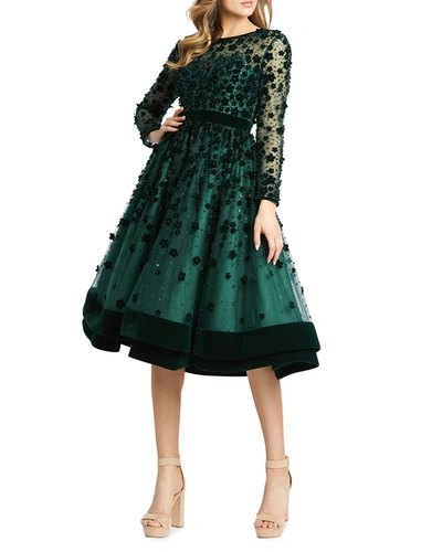 Shop Mac Duggal Long-sleeve Tea-length Floral Applique Cocktail Dress In Emerald