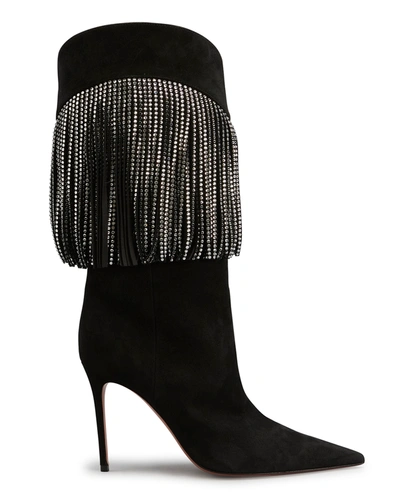 Shop Amina Muaddi Lily Crystal Fringe Stiletto Boots In Crystal Black