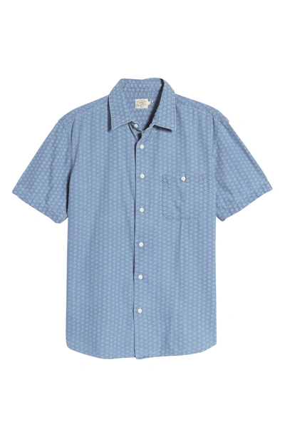 Shop Faherty Playa Neat Short Sleeve Organic Cotton Button-up Shirt In Light Wash Eco Indigo Geo