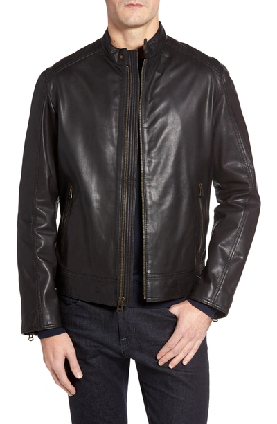 Shop Cole Haan Washed Leather Moto Jacket In Black
