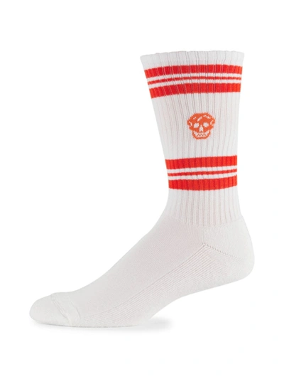 Shop Alexander Mcqueen Men's Skull Striped Socks In Off White Orange