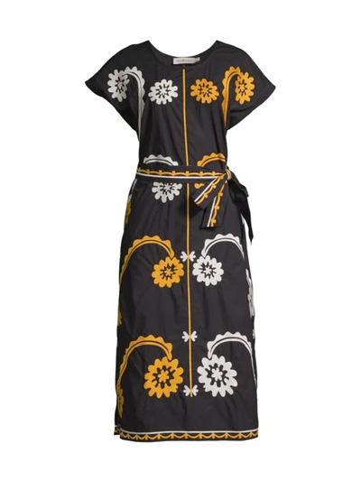Shop Tory Burch Embroidered Midi-dress In Black