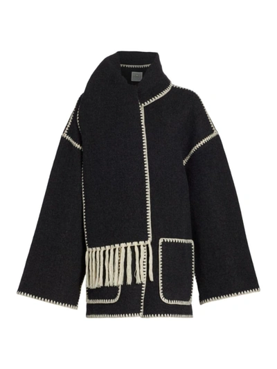 Shop Tot Me Women's Embroidered Wool-blend Scarf Jacket In Dark Grey Melange