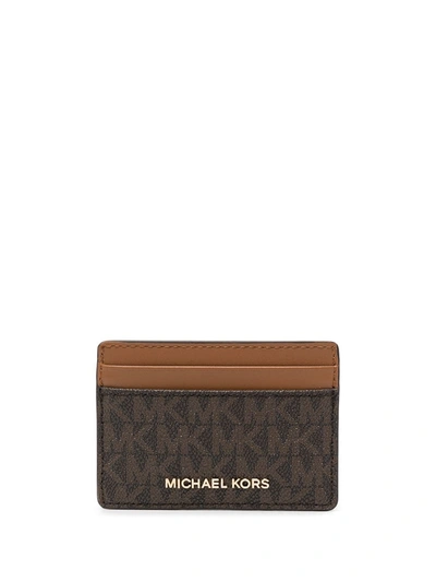 Shop Michael Michael Kors Leather Logo Card Holder In Brown