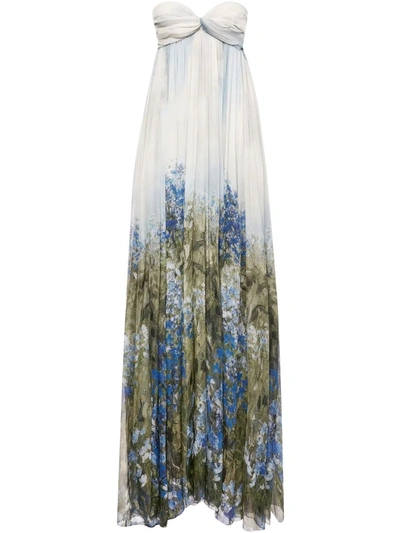 Shop Oscar De La Renta Floral Field-print Strapless Silk Gown In Blue