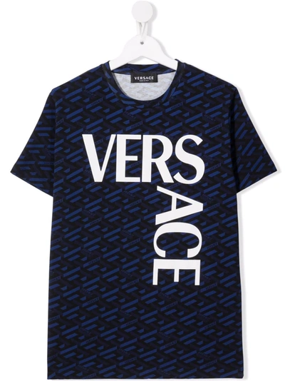 Shop Versace Teen Logo Crew-neck T-shirt In Blue