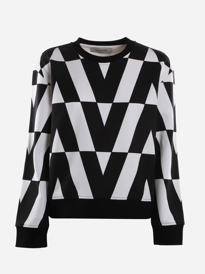 Shop Valentino Cotton Sweatshirt With All-over Optical  Motif In Black, White